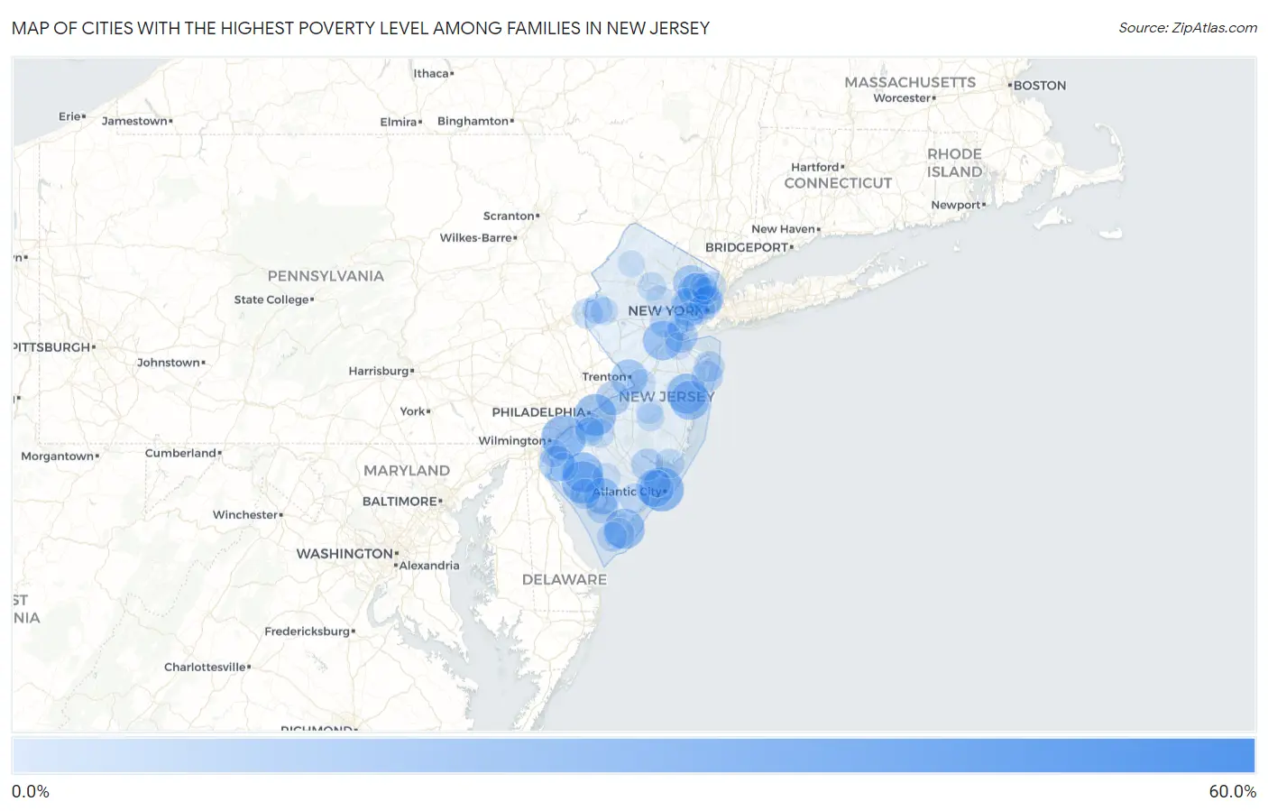 Cities with the Highest Poverty Level Among Families in New Jersey Map