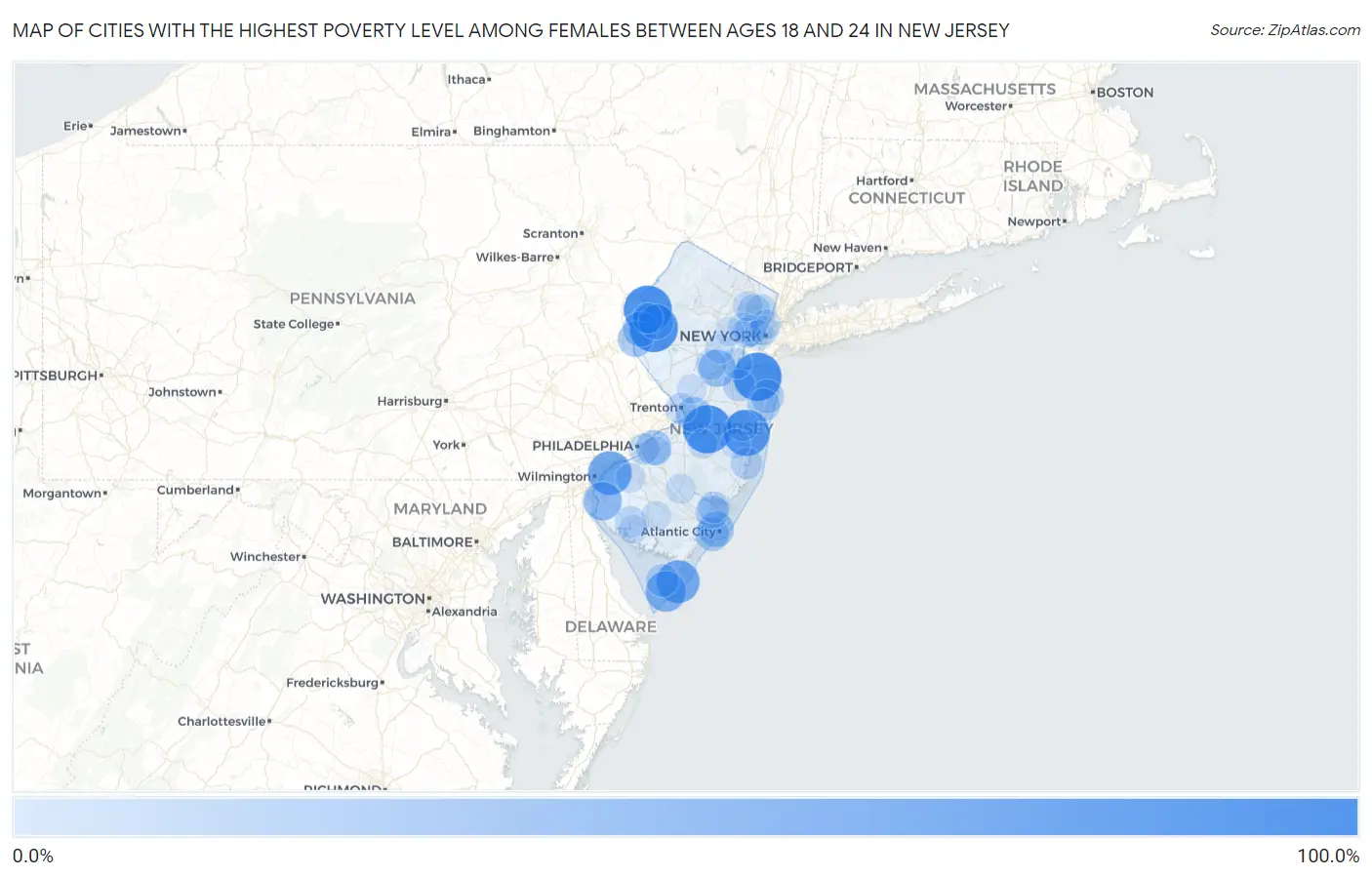 Cities with the Highest Poverty Level Among Females Between Ages 18 and 24 in New Jersey Map