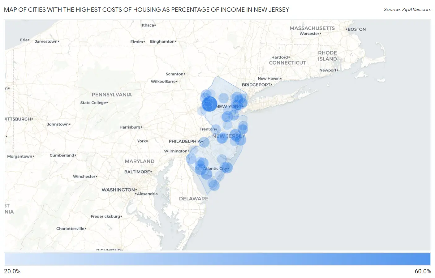 Cities with the Highest Costs of Housing as Percentage of Income in New Jersey Map