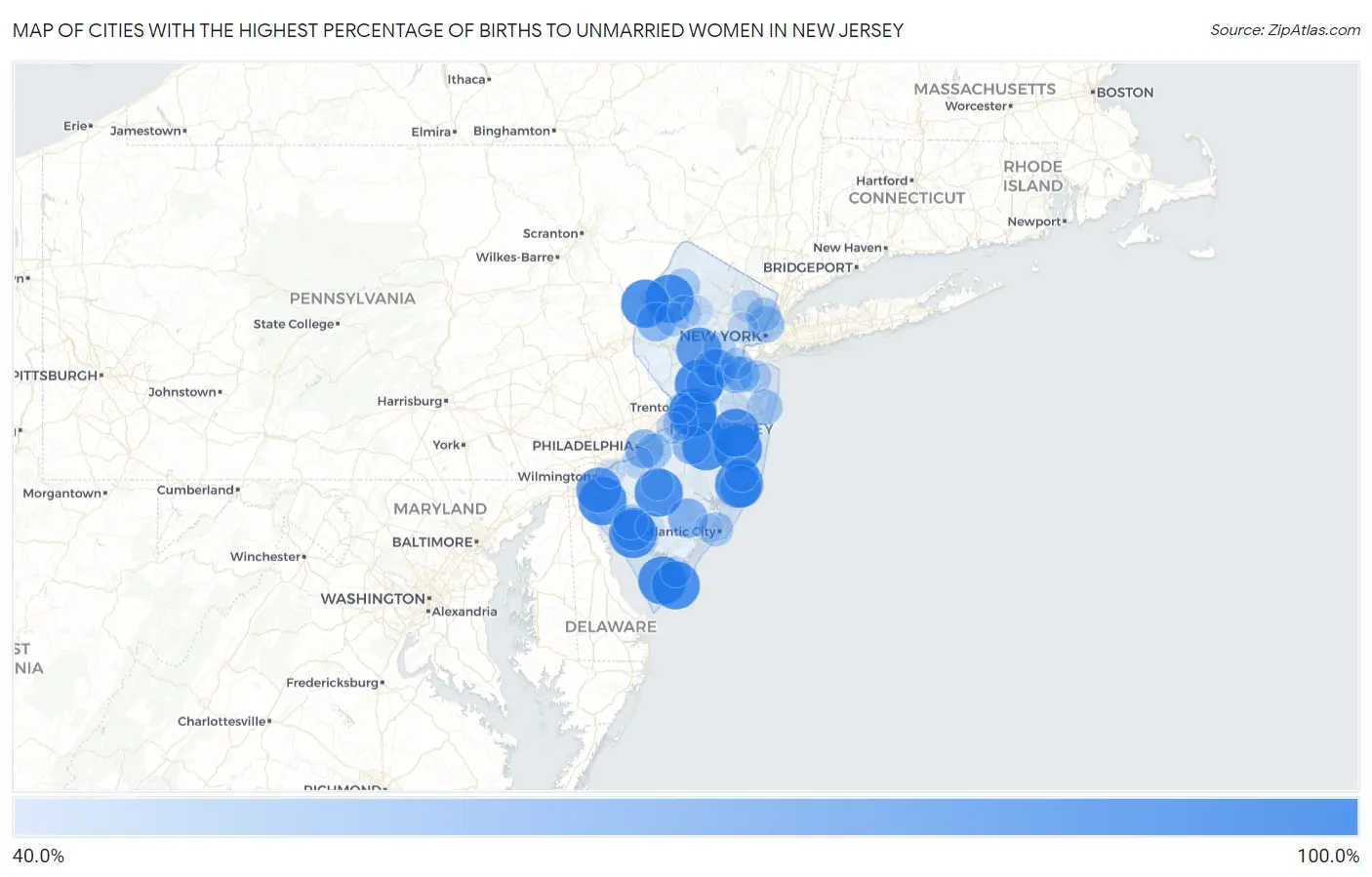 Cities with the Highest Percentage of Births to Unmarried Women in New Jersey Map