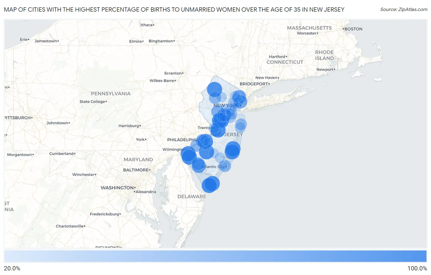 Cities with the Highest Percentage of Births to Unmarried Women over the Age of 35 in New Jersey Map
