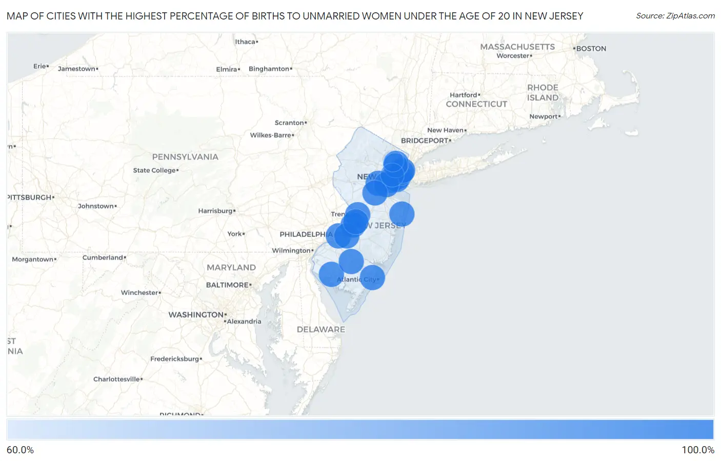 Cities with the Highest Percentage of Births to Unmarried Women under the Age of 20 in New Jersey Map