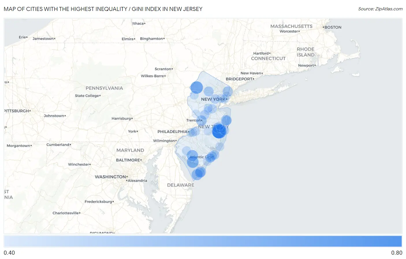 Cities with the Highest Inequality / Gini Index in New Jersey Map