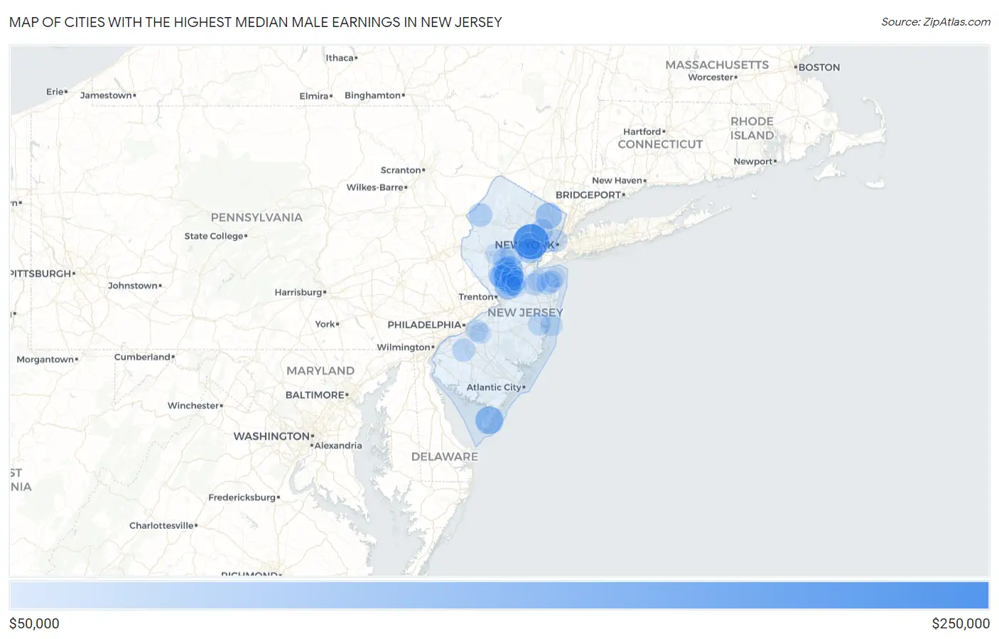Cities with the Highest Median Male Earnings in New Jersey Map