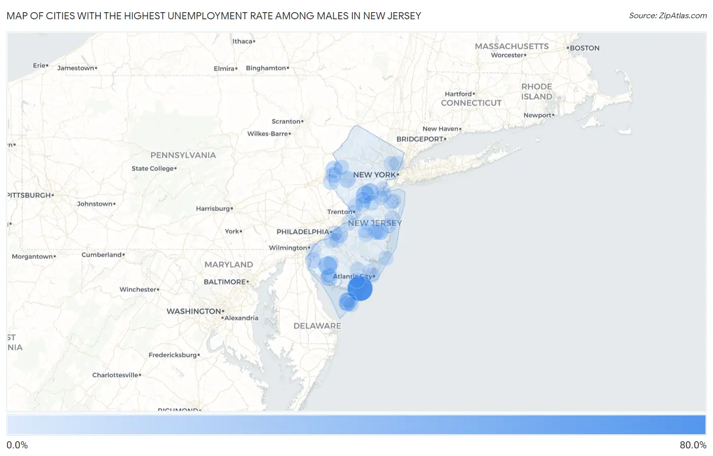 Cities with the Highest Unemployment Rate Among Males in New Jersey Map
