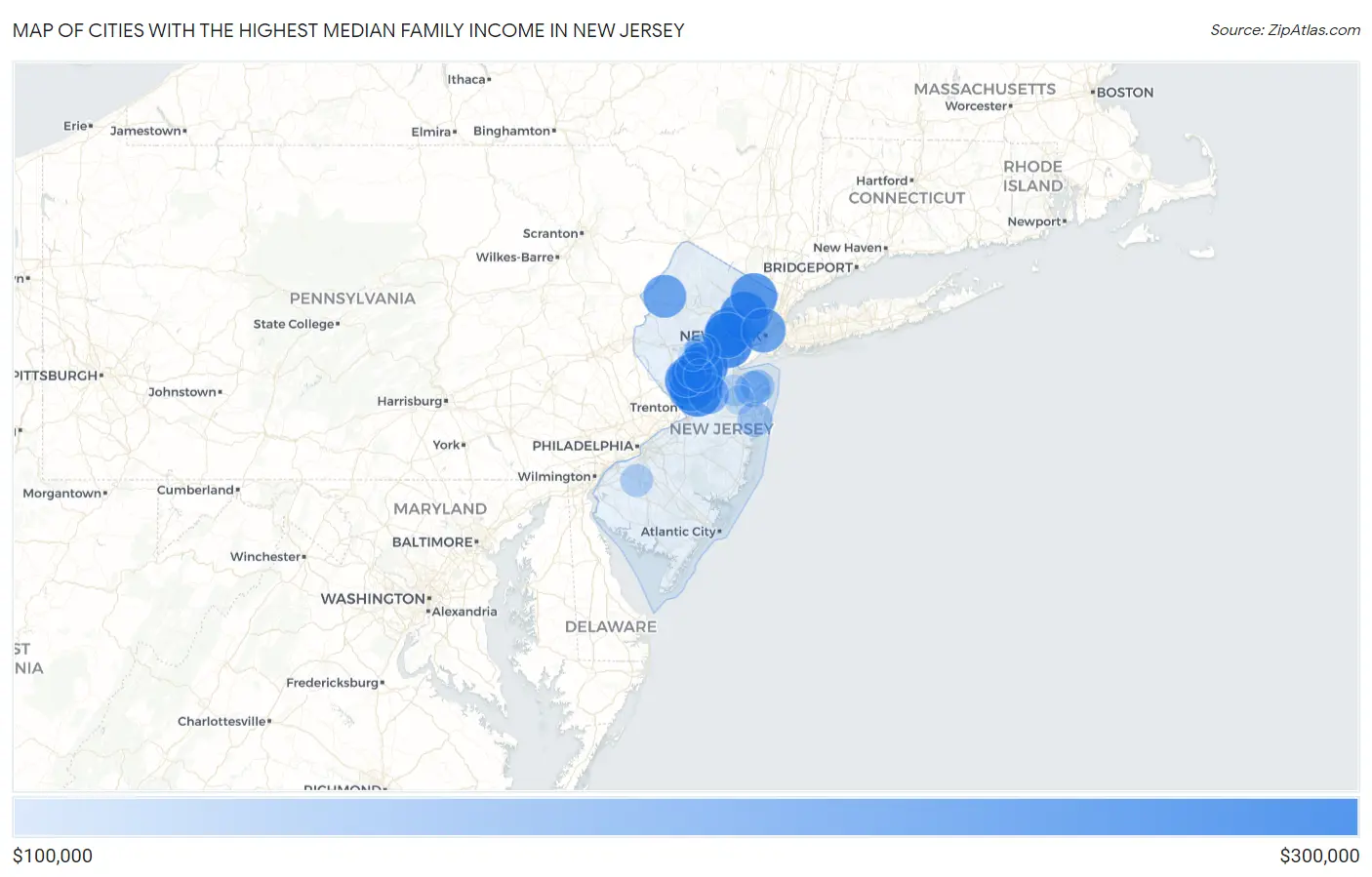 Cities with the Highest Median Family Income in New Jersey Map