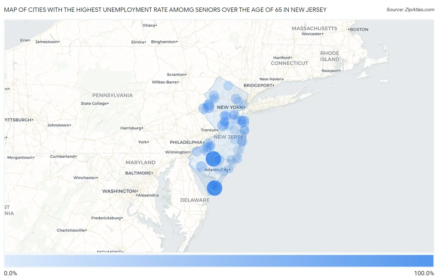 Cities with the Highest Unemployment Rate Amomg Seniors Over the Age of 65 in New Jersey Map