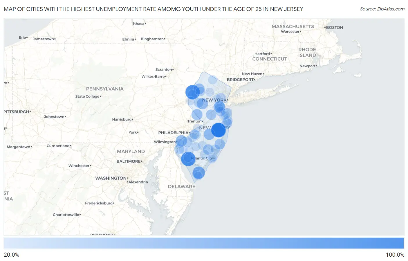 Cities with the Highest Unemployment Rate Amomg Youth Under the Age of 25 in New Jersey Map