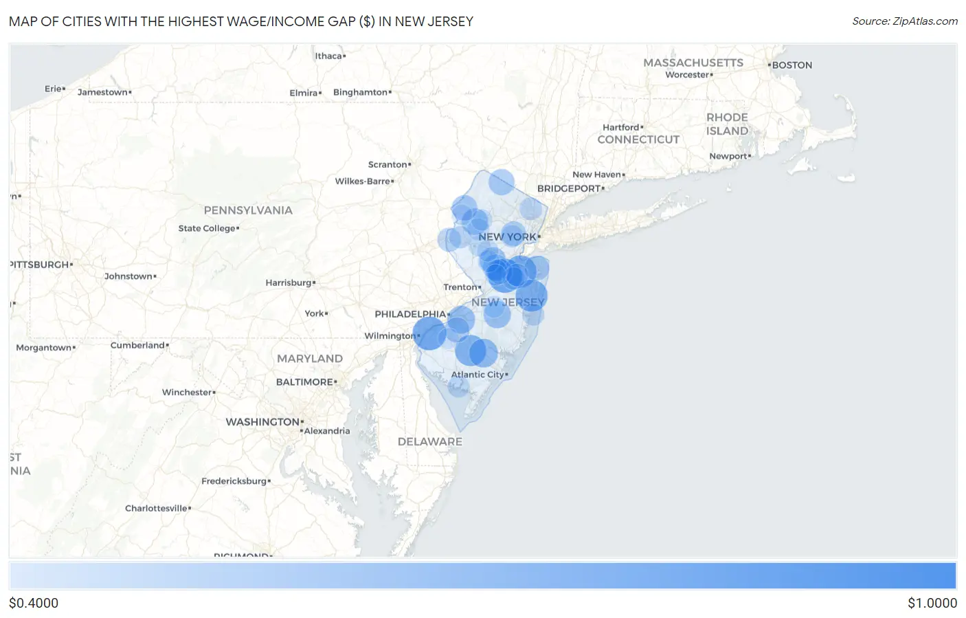 Cities with the Highest Wage/Income Gap ($) in New Jersey Map