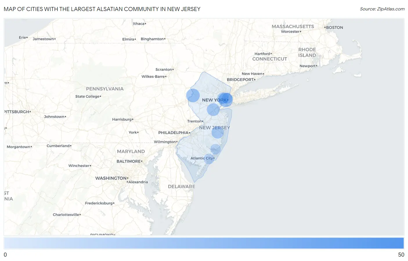 Cities with the Largest Alsatian Community in New Jersey Map