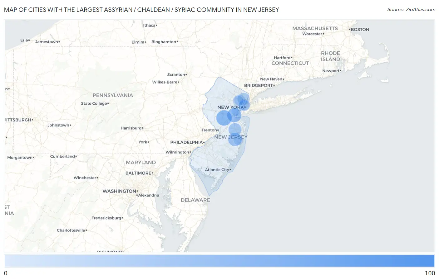 Cities with the Largest Assyrian / Chaldean / Syriac Community in New Jersey Map