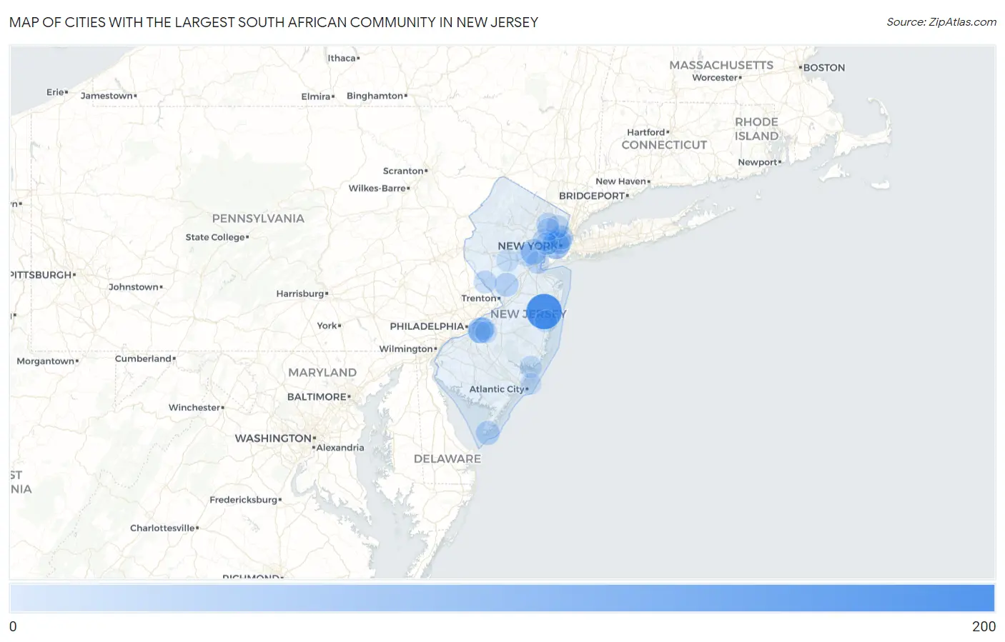 Cities with the Largest South African Community in New Jersey Map