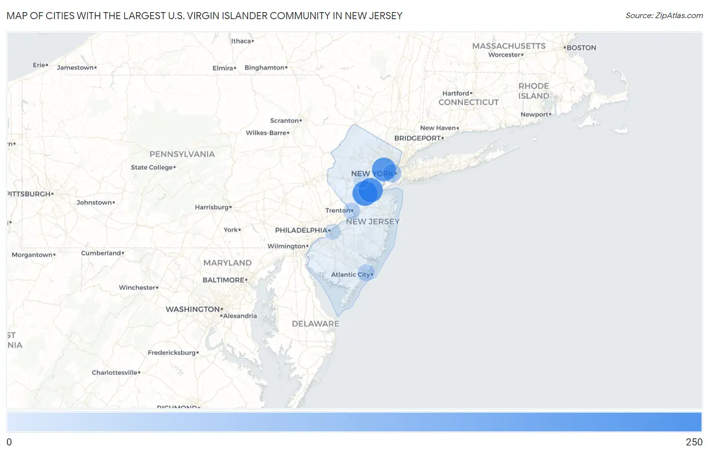 Cities with the Largest U.S. Virgin Islander Community in New Jersey Map
