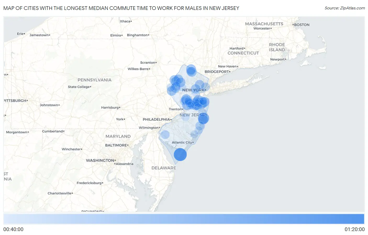 Cities with the Longest Median Commute Time to Work for Males in New Jersey Map