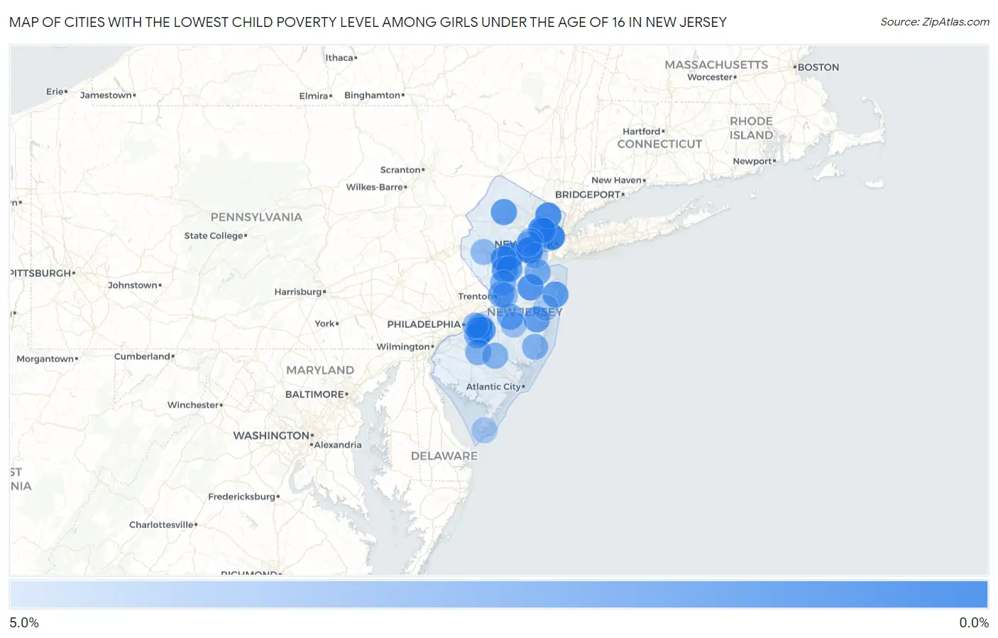 Cities with the Lowest Child Poverty Level Among Girls Under the Age of 16 in New Jersey Map