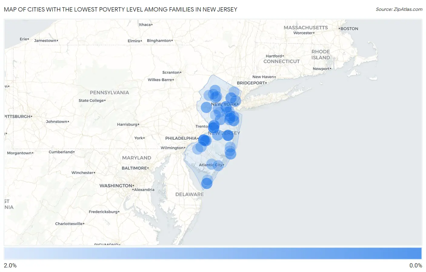 Cities with the Lowest Poverty Level Among Families in New Jersey Map
