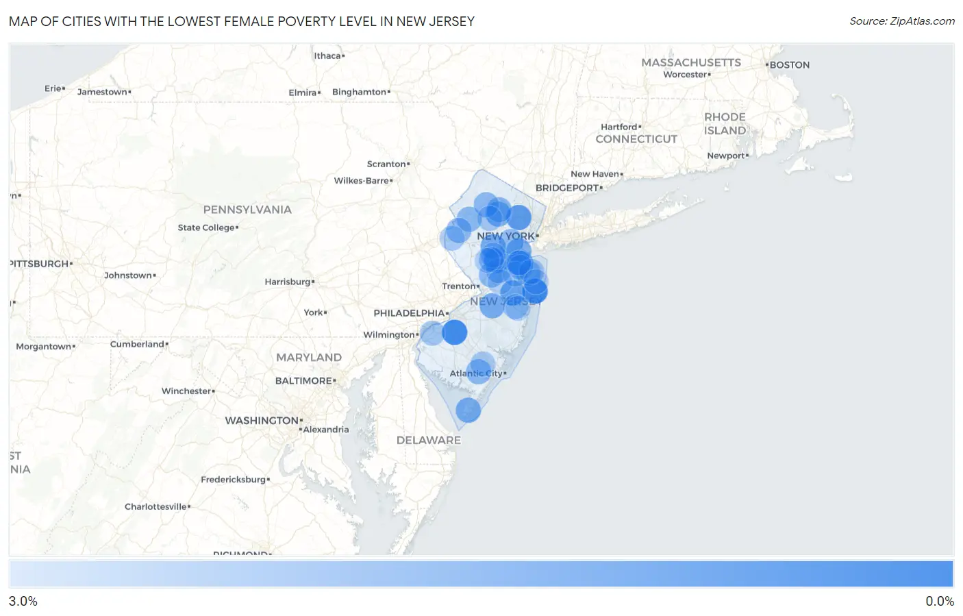 Cities with the Lowest Female Poverty Level in New Jersey Map