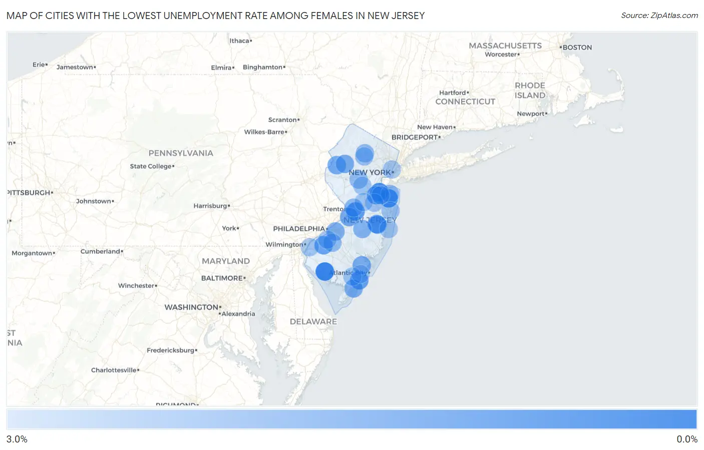 Cities with the Lowest Unemployment Rate Among Females in New Jersey Map