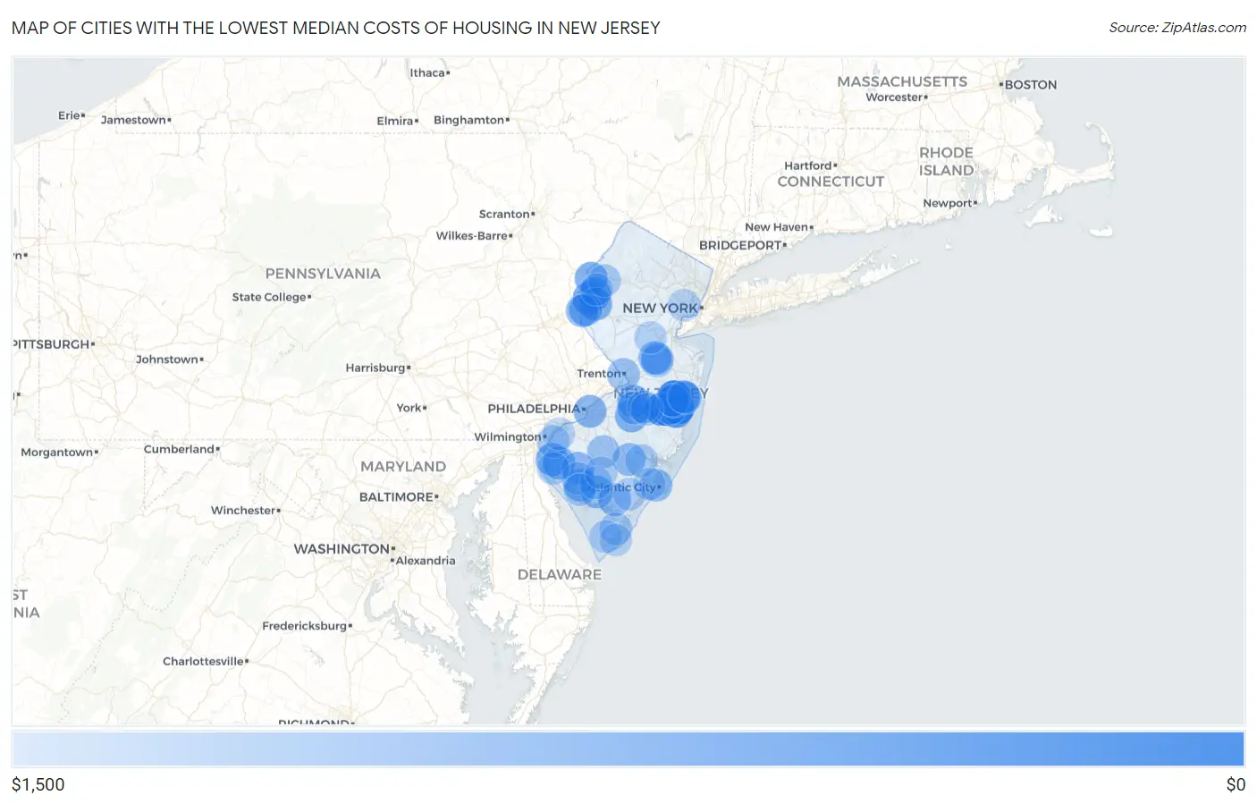 Cities with the Lowest Median Costs of Housing in New Jersey Map