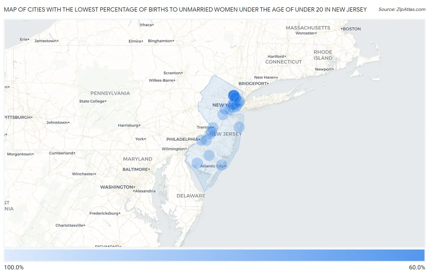 Cities with the Lowest Percentage of Births to Unmarried Women under the Age of under 20 in New Jersey Map
