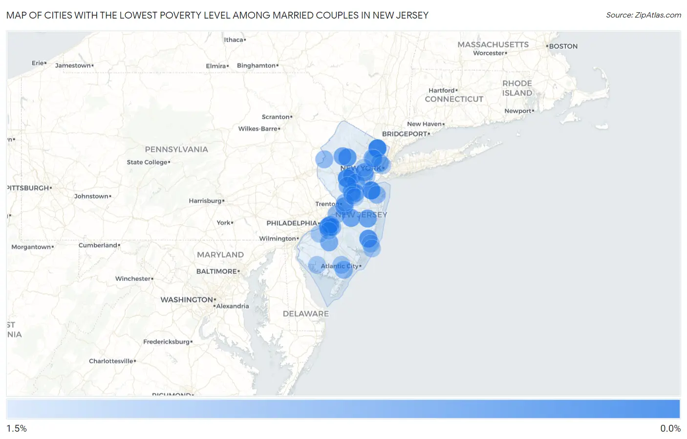 Cities with the Lowest Poverty Level Among Married Couples in New Jersey Map