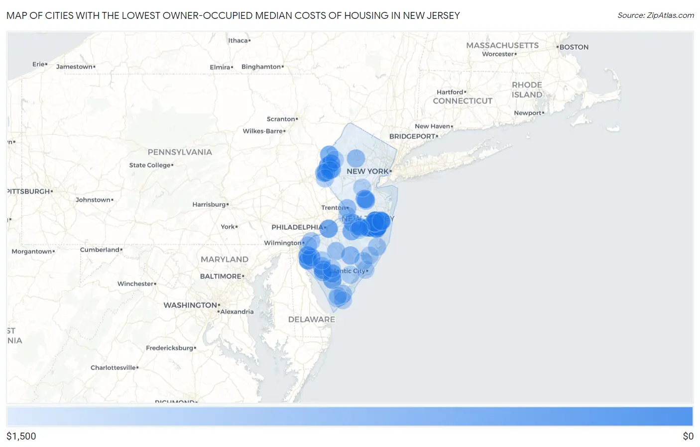 Cities with the Lowest Owner-Occupied Median Costs of Housing in New Jersey Map