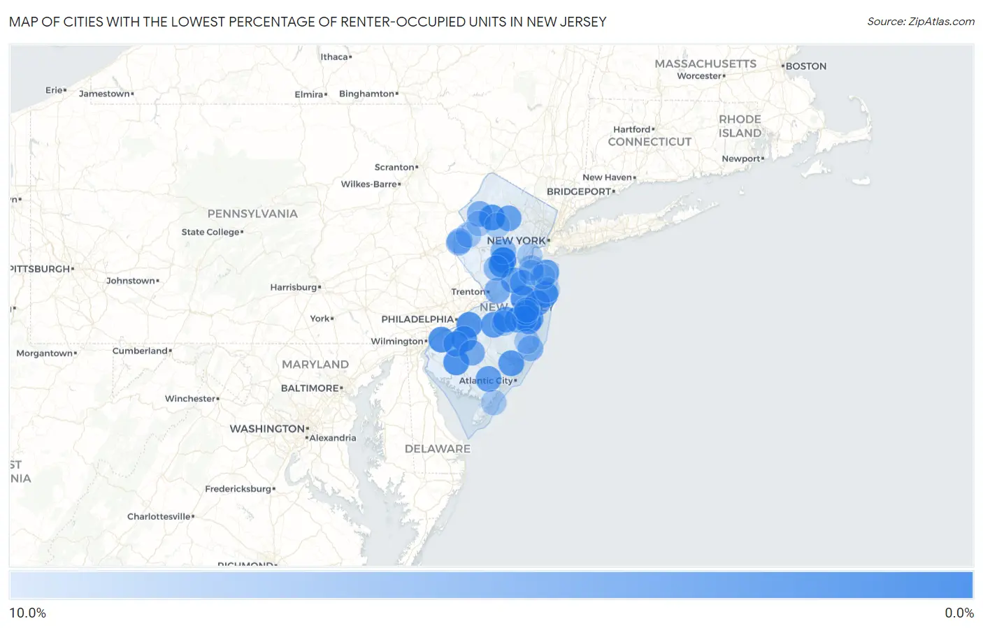 Cities with the Lowest Percentage of Renter-Occupied Units in New Jersey Map
