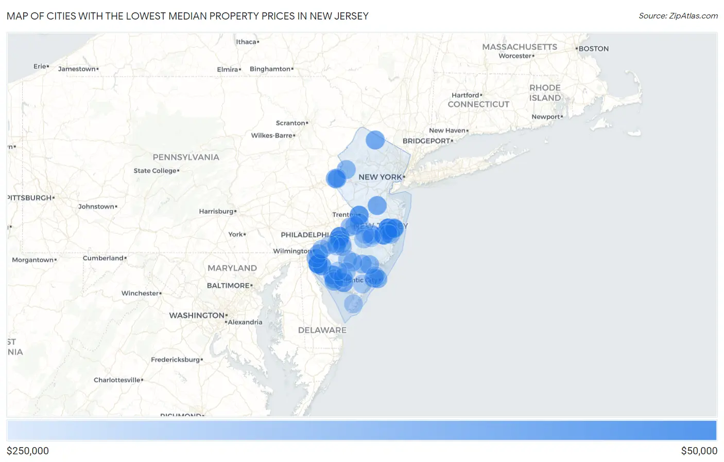 Cities with the Lowest Median Property Prices in New Jersey Map