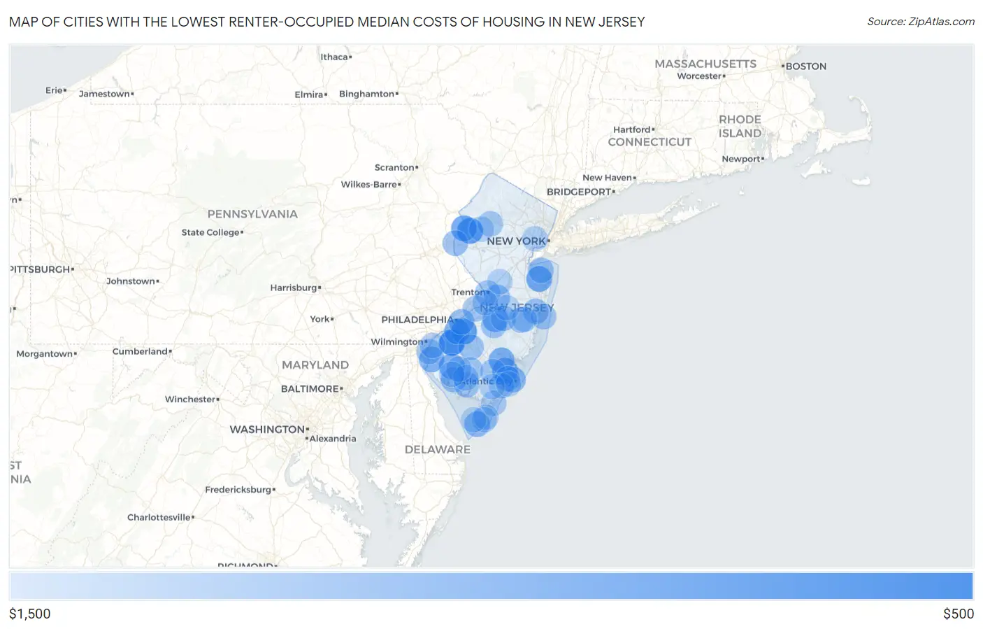 Cities with the Lowest Renter-Occupied Median Costs of Housing in New Jersey Map