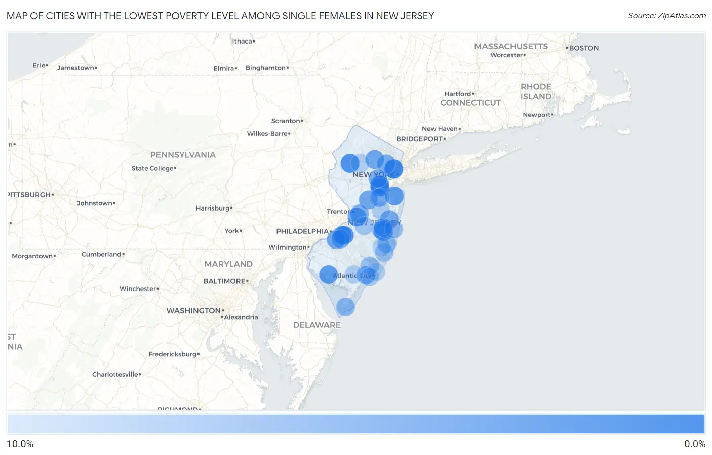 Cities with the Lowest Poverty Level Among Single Females in New Jersey Map