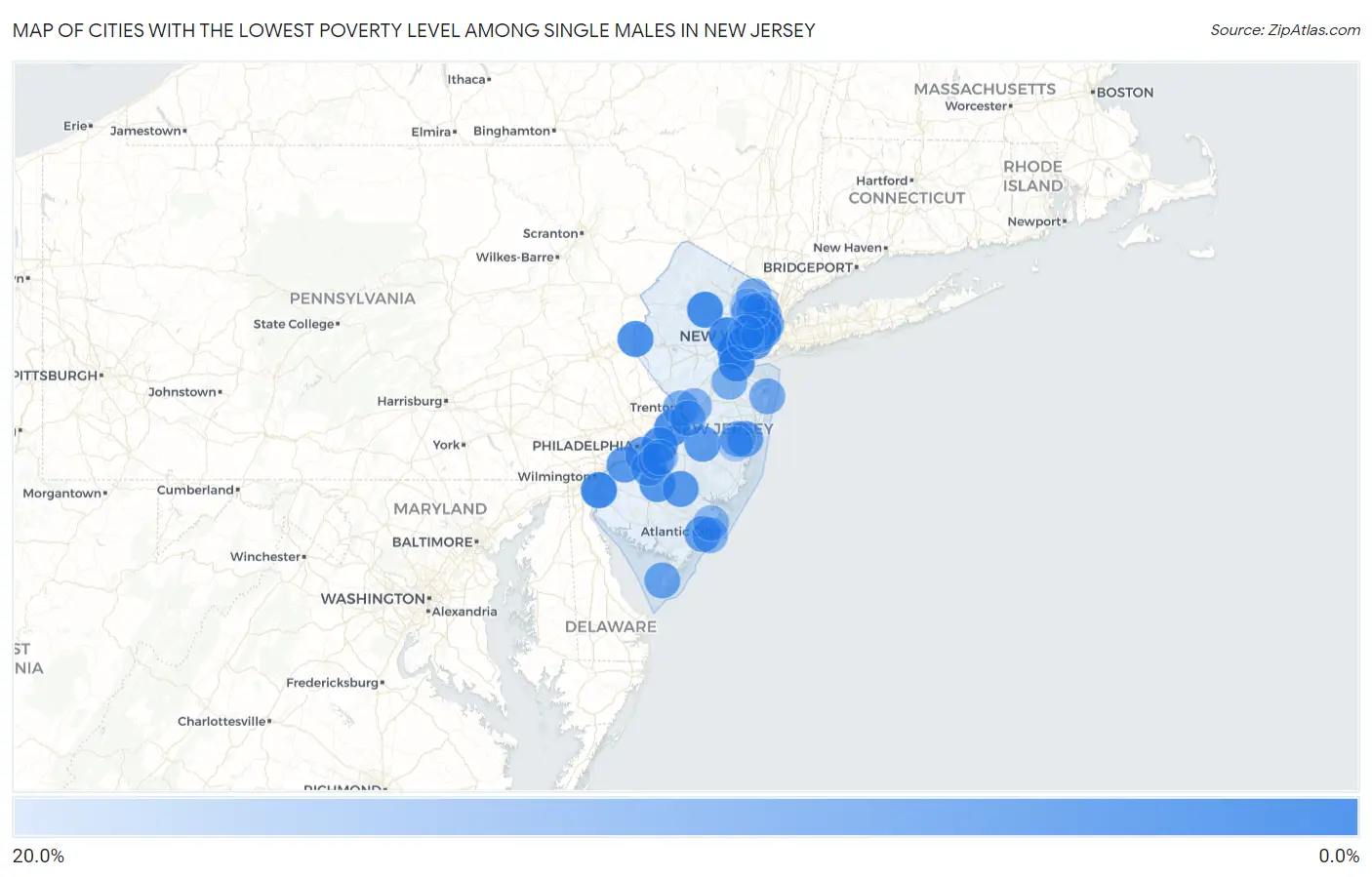 Cities with the Lowest Poverty Level Among Single Males in New Jersey Map