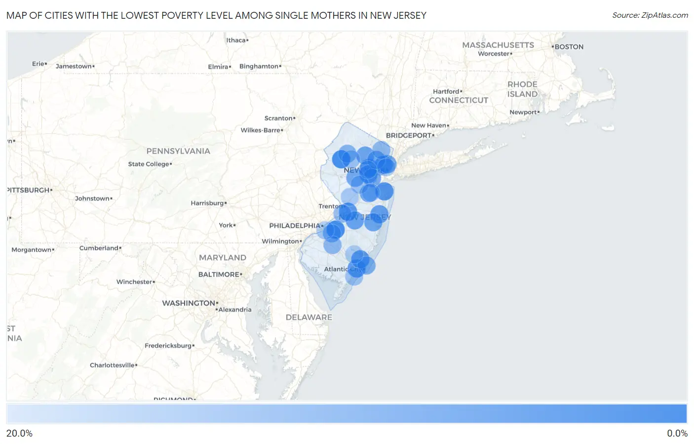 Cities with the Lowest Poverty Level Among Single Mothers in New Jersey Map