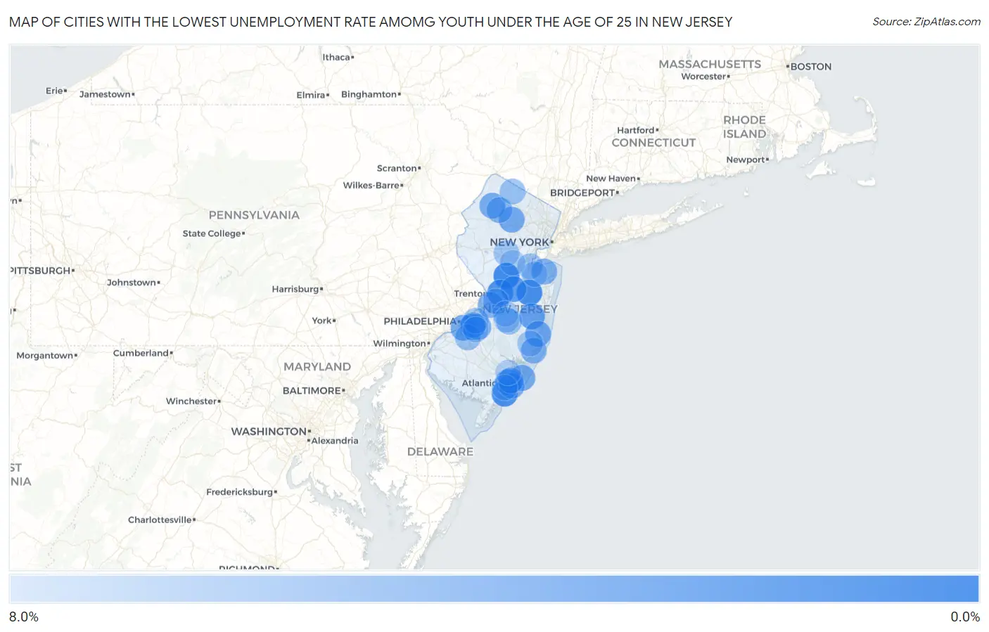 Cities with the Lowest Unemployment Rate Amomg Youth Under the Age of 25 in New Jersey Map