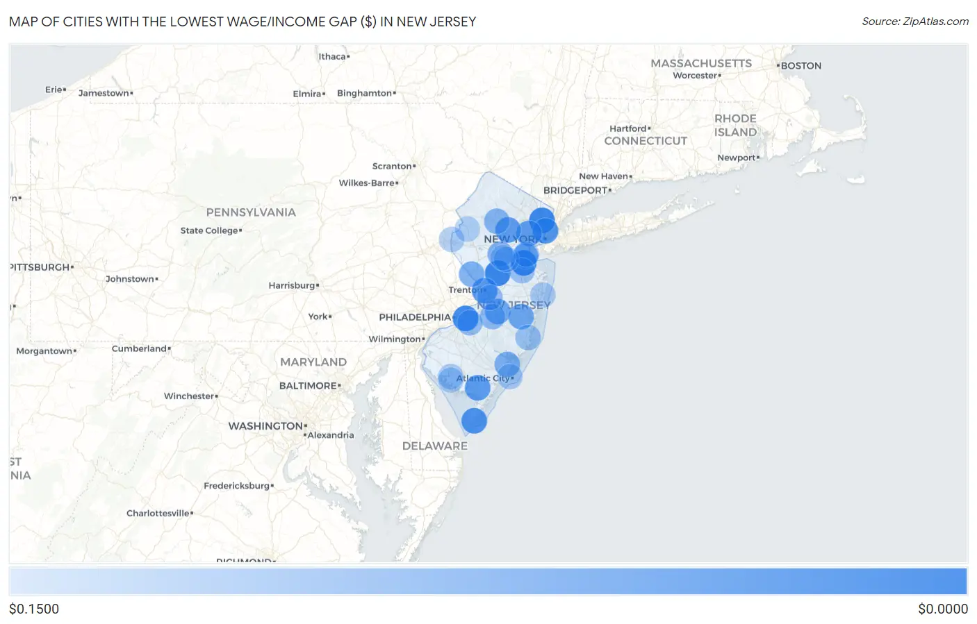 Cities with the Lowest Wage/Income Gap ($) in New Jersey Map