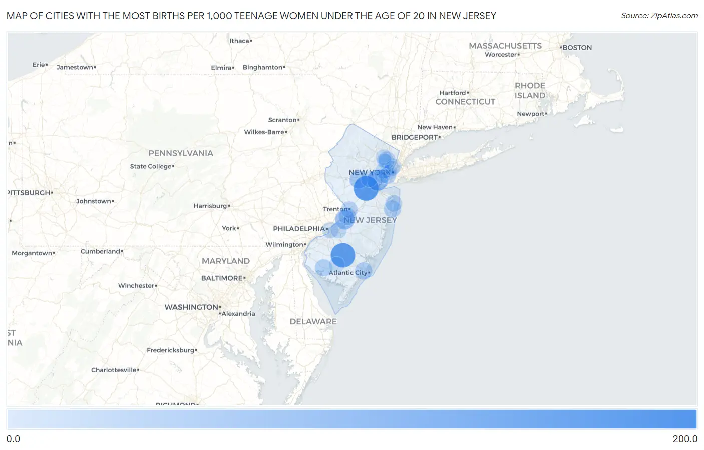 Cities with the Most Births per 1,000 Teenage Women Under the Age of 20 in New Jersey Map