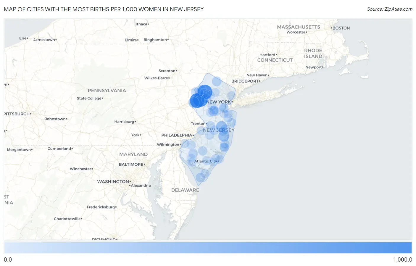 Cities with the Most Births per 1,000 Women in New Jersey Map