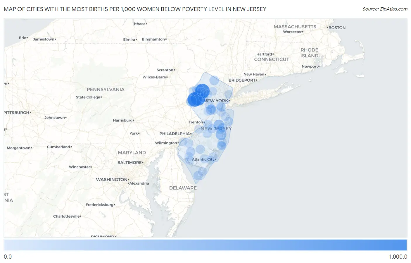 Cities with the Most Births per 1,000 Women Below Poverty Level in New Jersey Map
