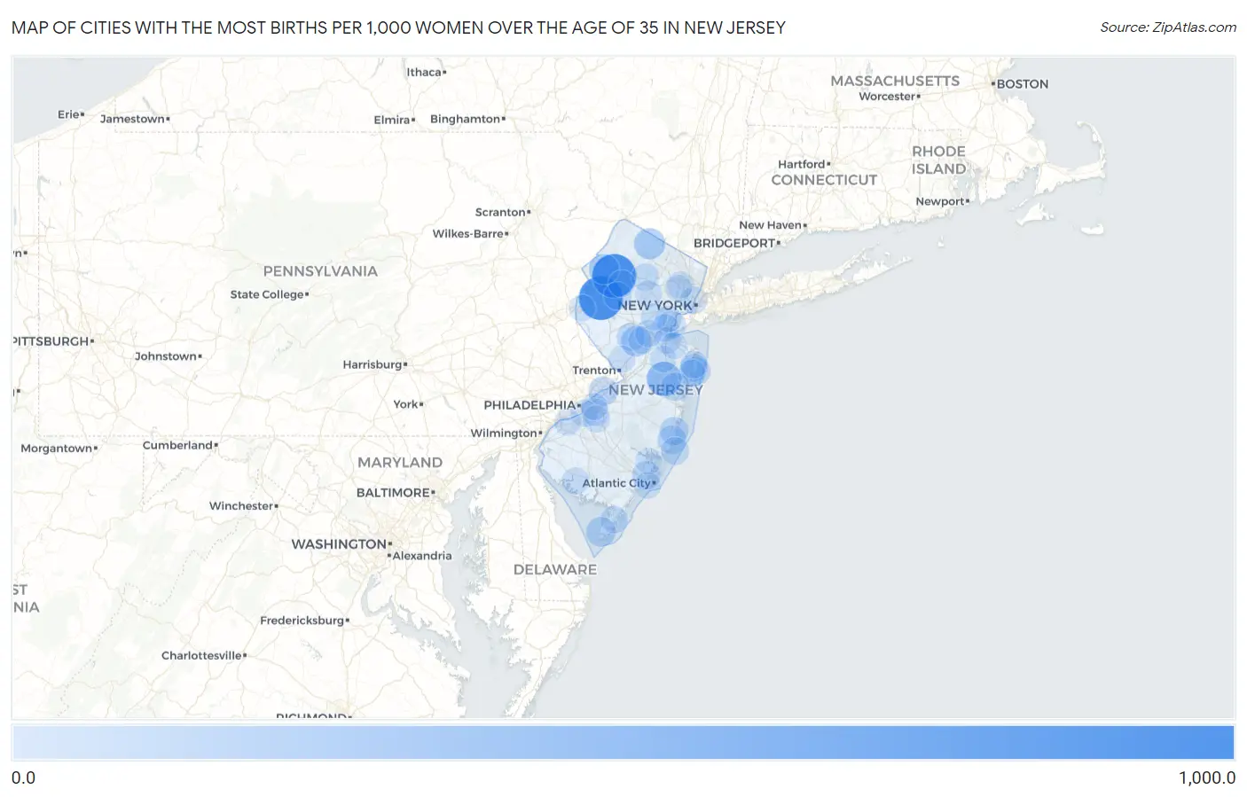 Cities with the Most Births per 1,000 Women Over the Age of 35 in New Jersey Map