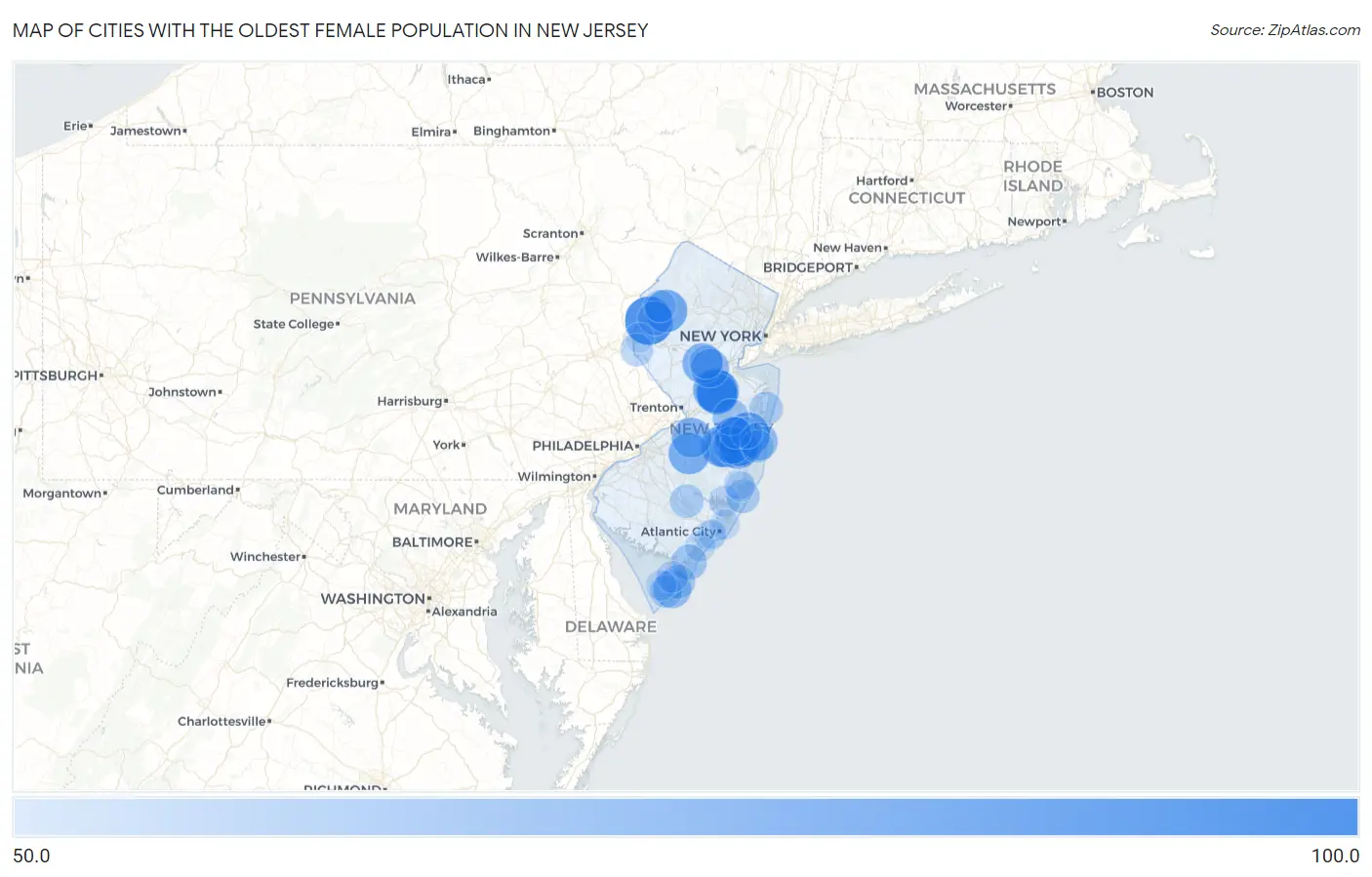 Cities with the Oldest Female Population in New Jersey Map