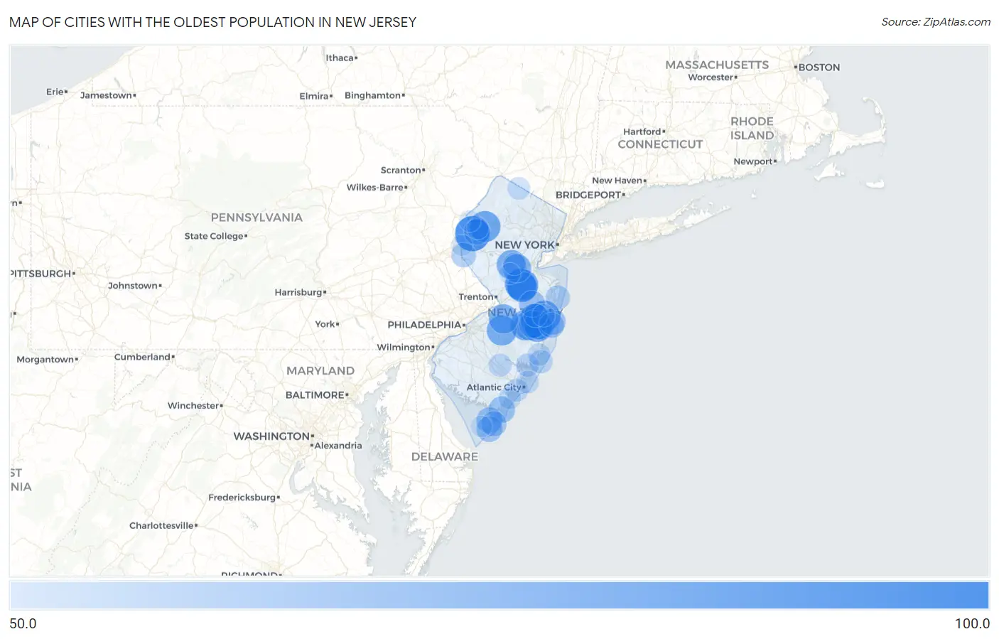 Cities with the Oldest Population in New Jersey Map