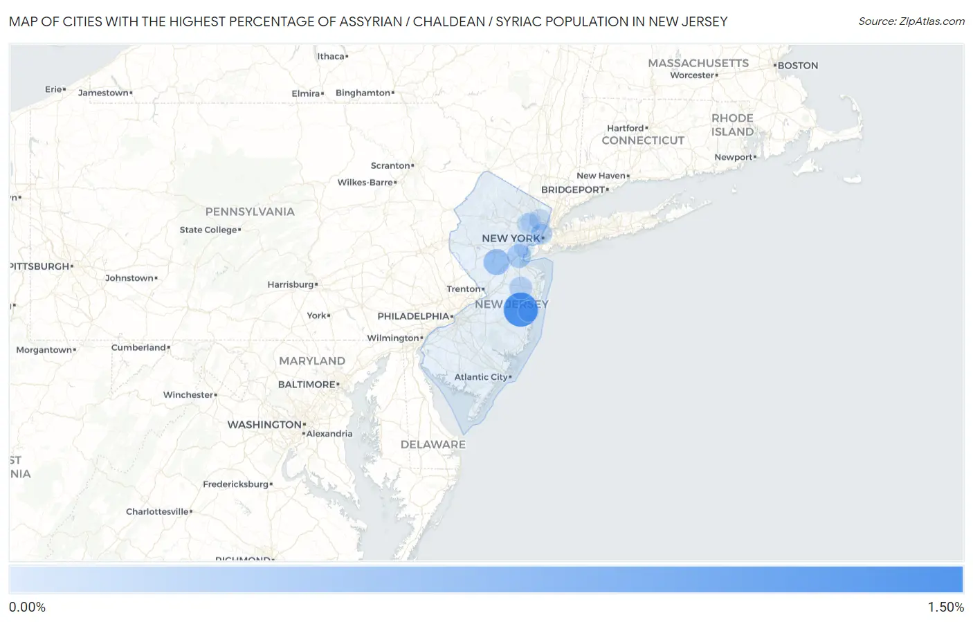Cities with the Highest Percentage of Assyrian / Chaldean / Syriac Population in New Jersey Map
