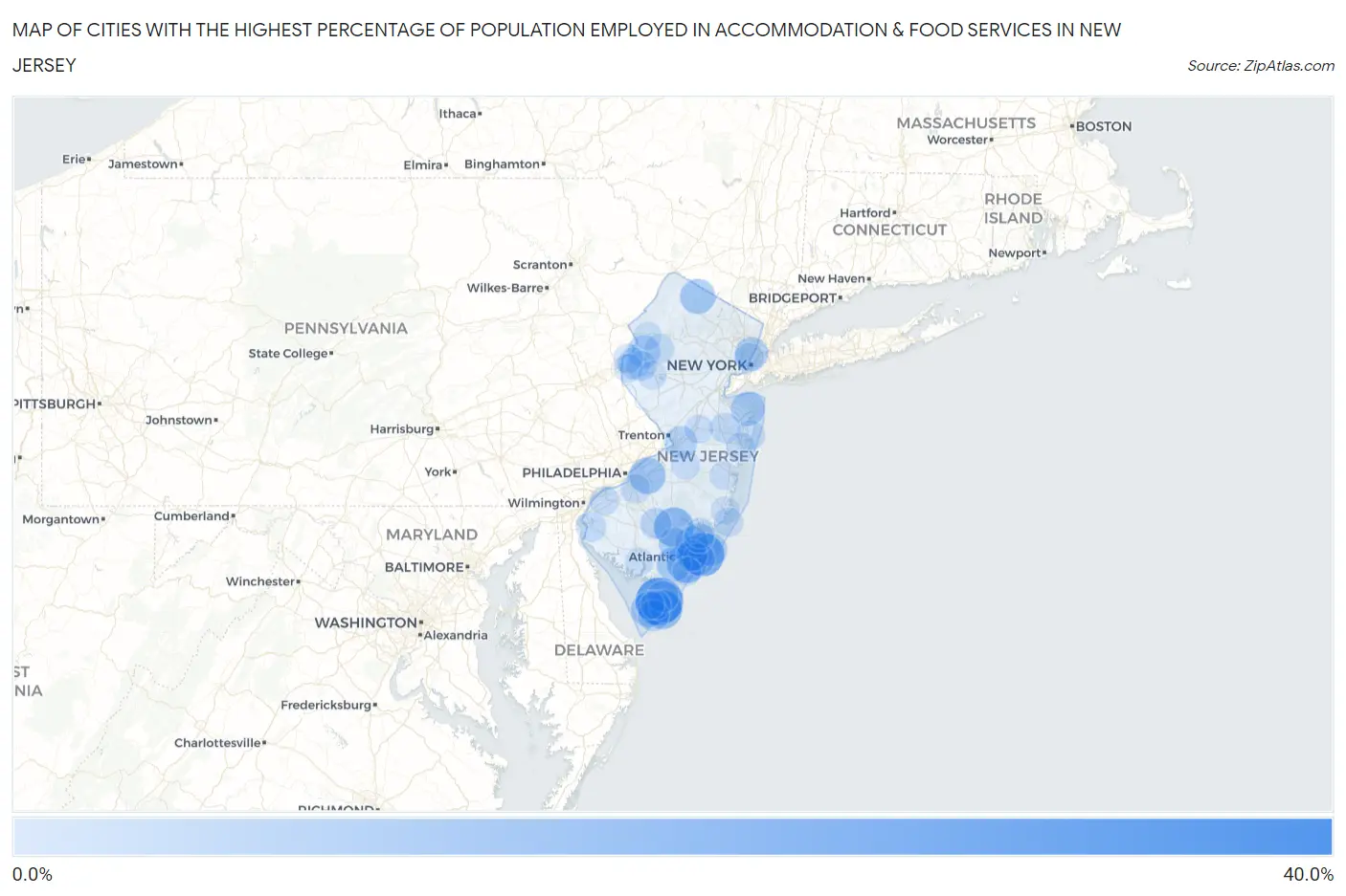 Cities with the Highest Percentage of Population Employed in Accommodation & Food Services in New Jersey Map