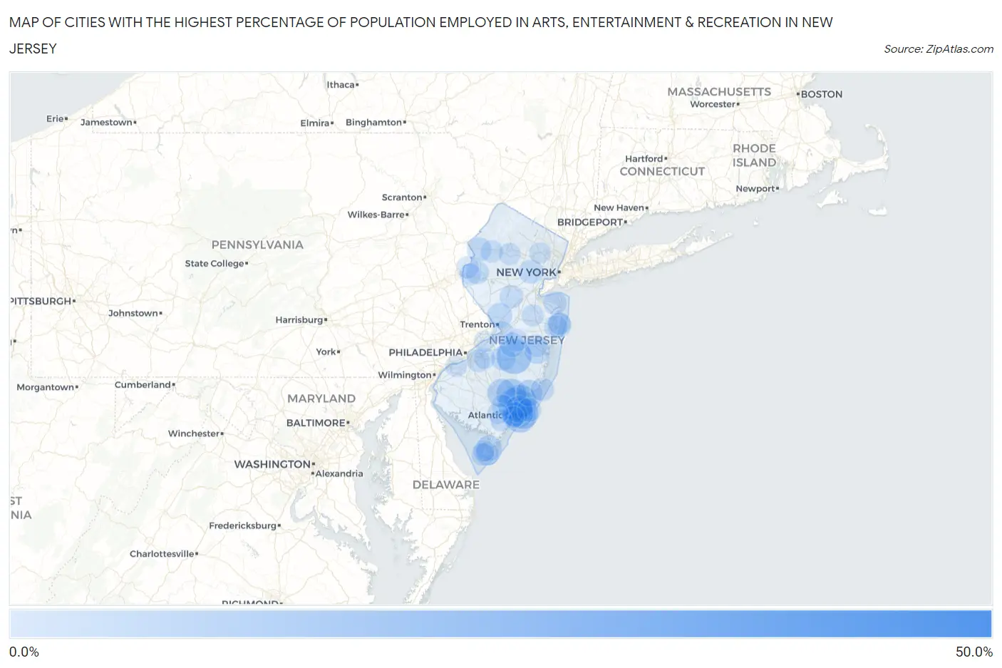 Cities with the Highest Percentage of Population Employed in Arts, Entertainment & Recreation in New Jersey Map