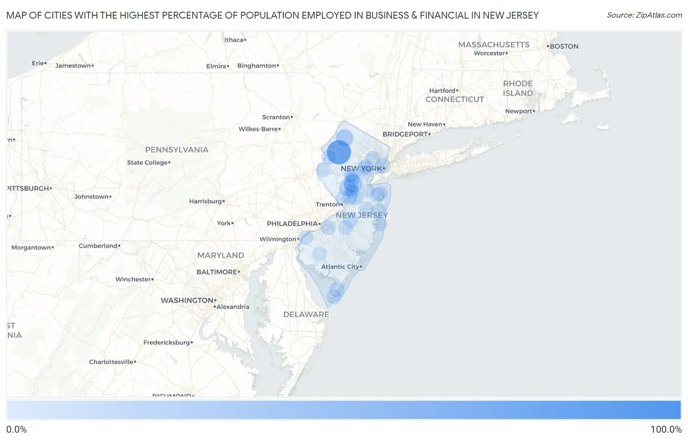 Cities with the Highest Percentage of Population Employed in Business & Financial in New Jersey Map