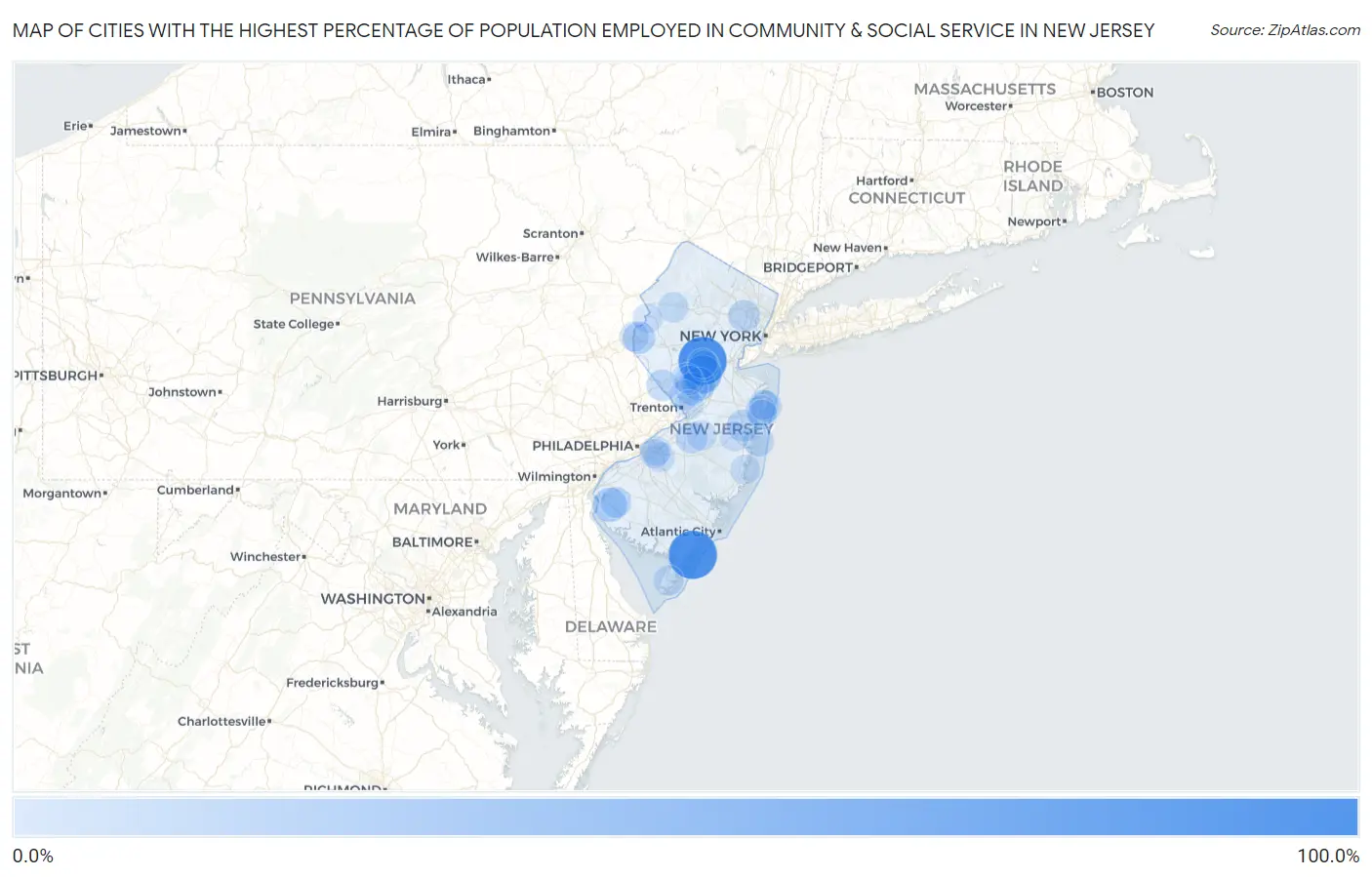 Cities with the Highest Percentage of Population Employed in Community & Social Service  in New Jersey Map
