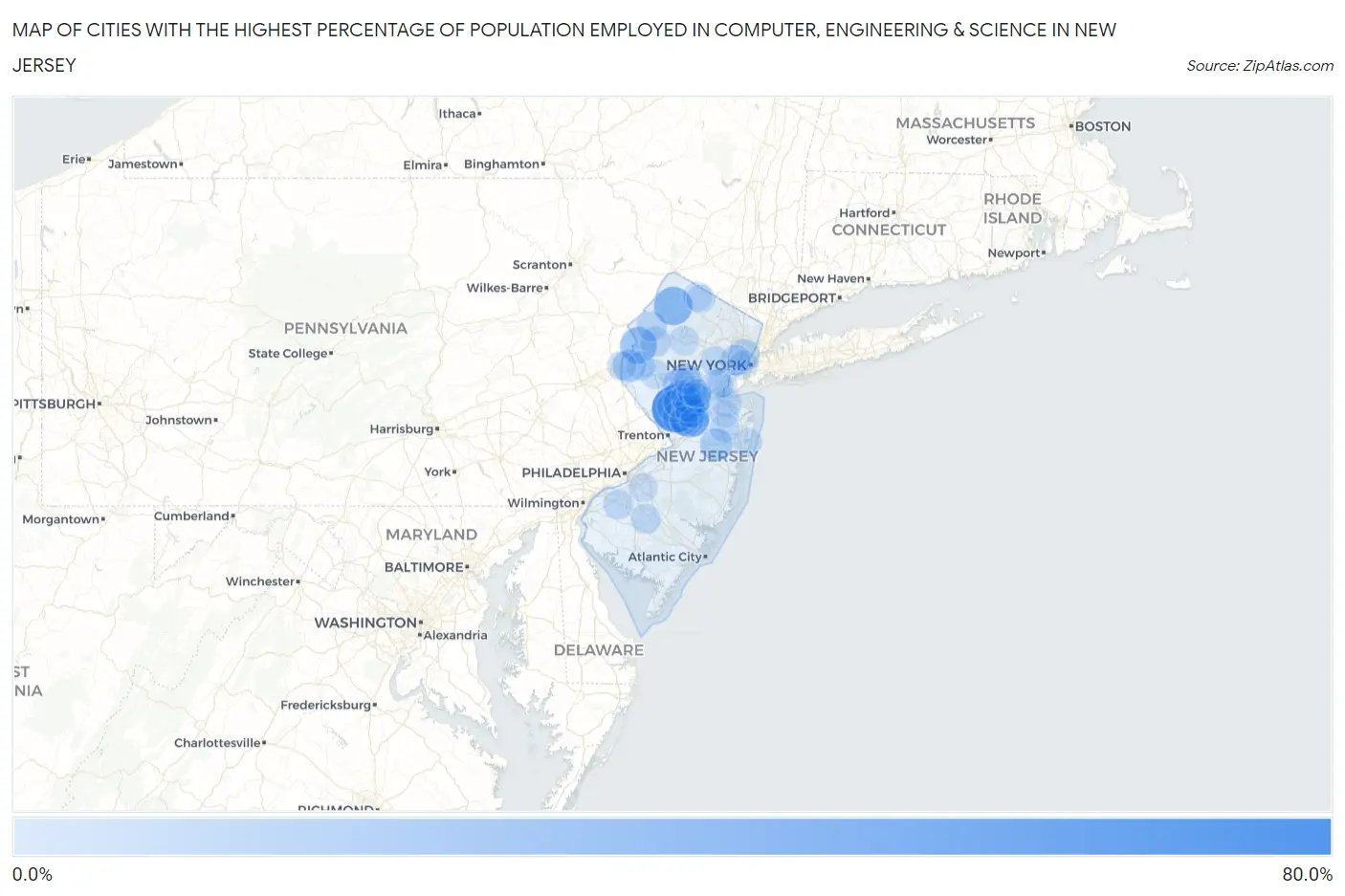 Cities with the Highest Percentage of Population Employed in Computer, Engineering & Science in New Jersey Map
