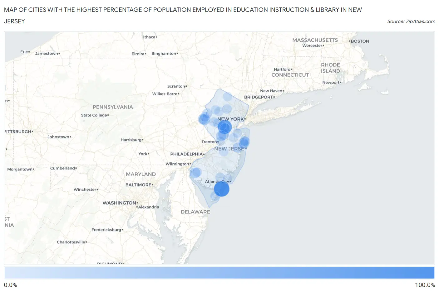 Cities with the Highest Percentage of Population Employed in Education Instruction & Library in New Jersey Map