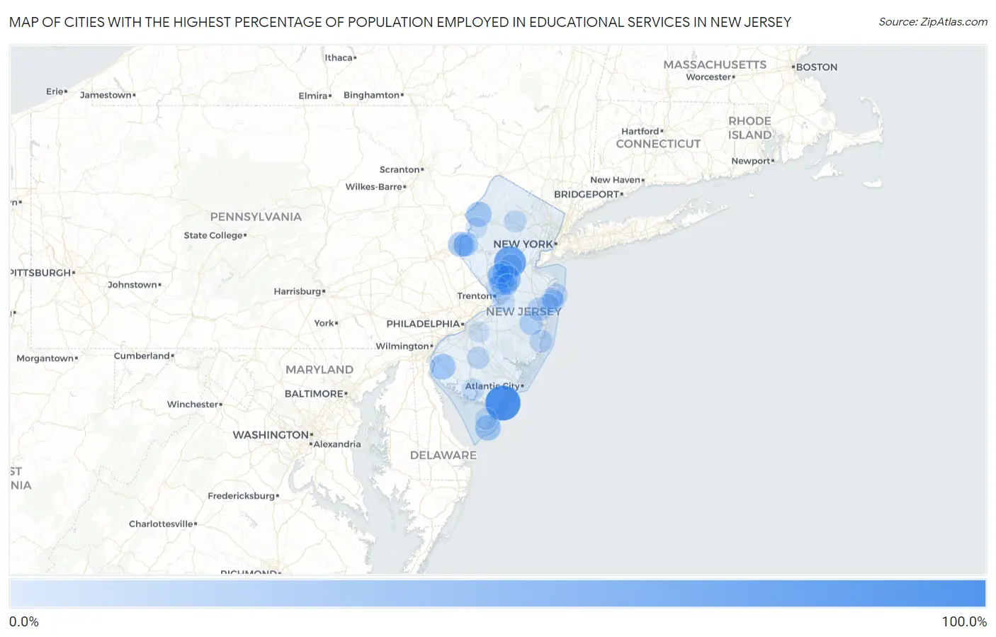 Cities with the Highest Percentage of Population Employed in Educational Services in New Jersey Map