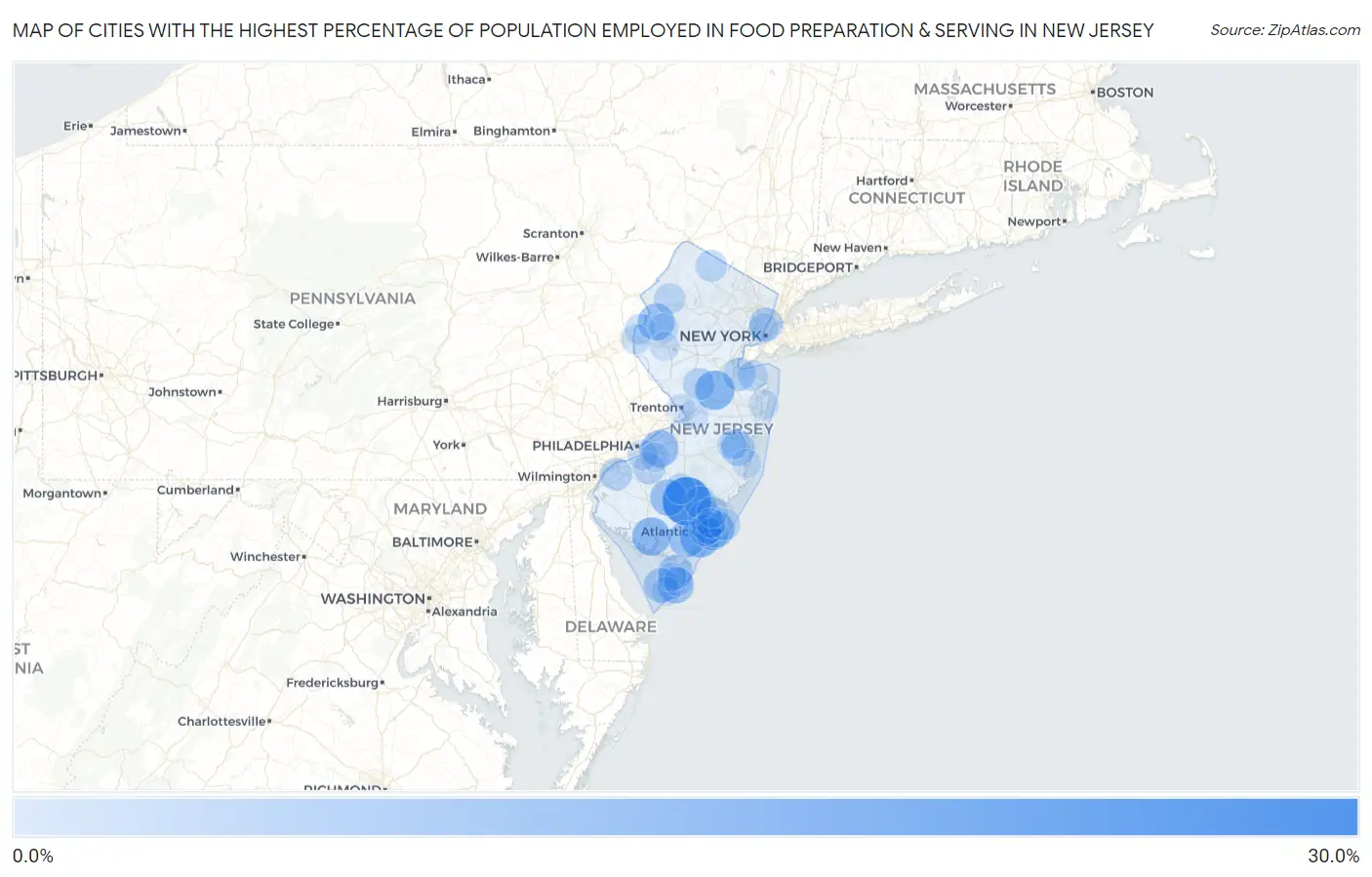 Cities with the Highest Percentage of Population Employed in Food Preparation & Serving in New Jersey Map
