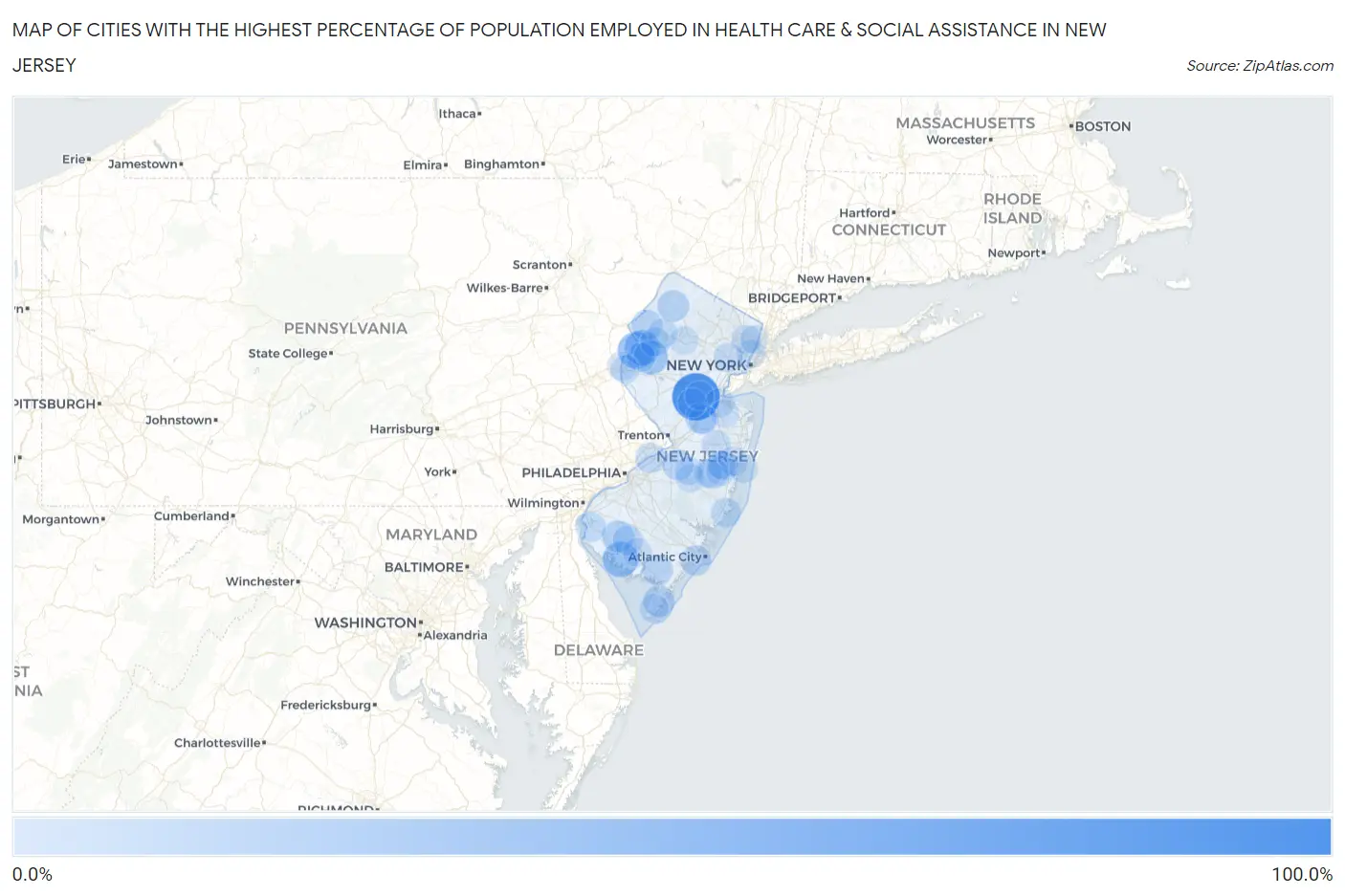 Cities with the Highest Percentage of Population Employed in Health Care & Social Assistance in New Jersey Map